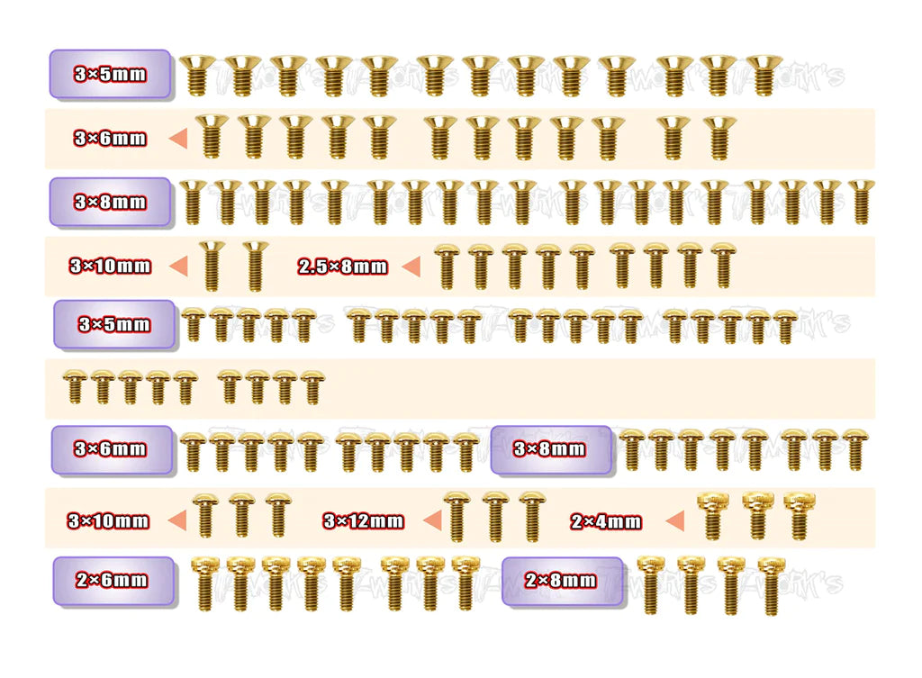 T-Works GSS-A800R Gold Plated Steel Screw Set 123pcs. for Awesomatix A800R - RCXX - rc racing for professionals